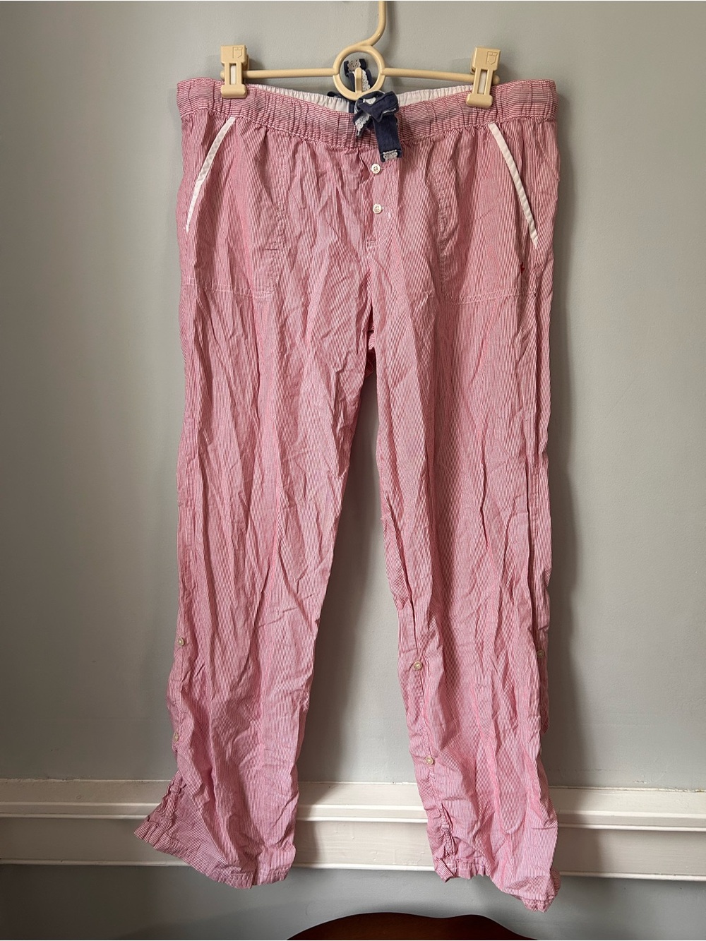 Aerie Medium Striped Tie Waist Lounge Pants Red White Pajamas Bottoms Cotton